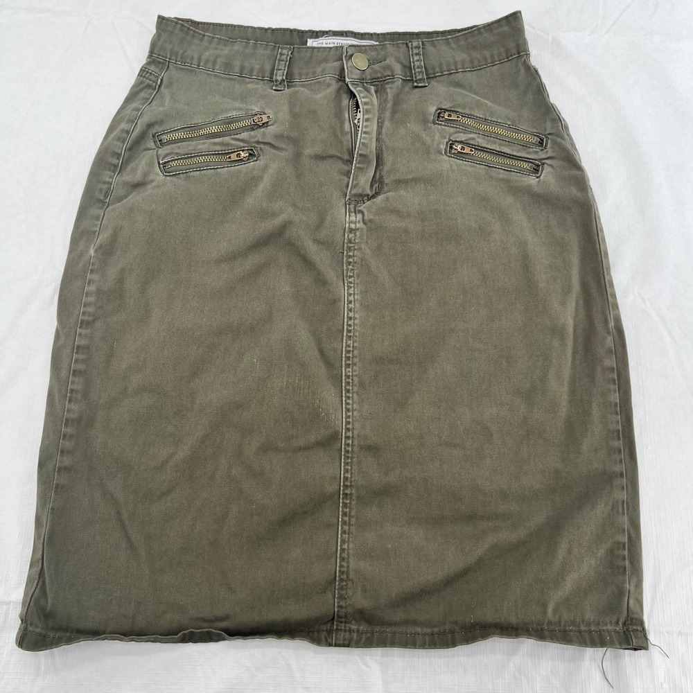 The Main Street Exchange Olive Green Denim Zipper Midi Skirt Womens Size 4